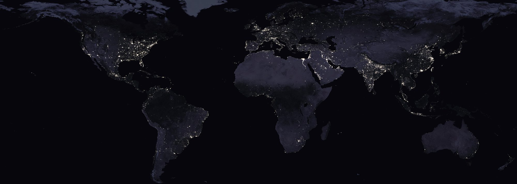 Earth at night, flat map, with eight sites marked on five continents.